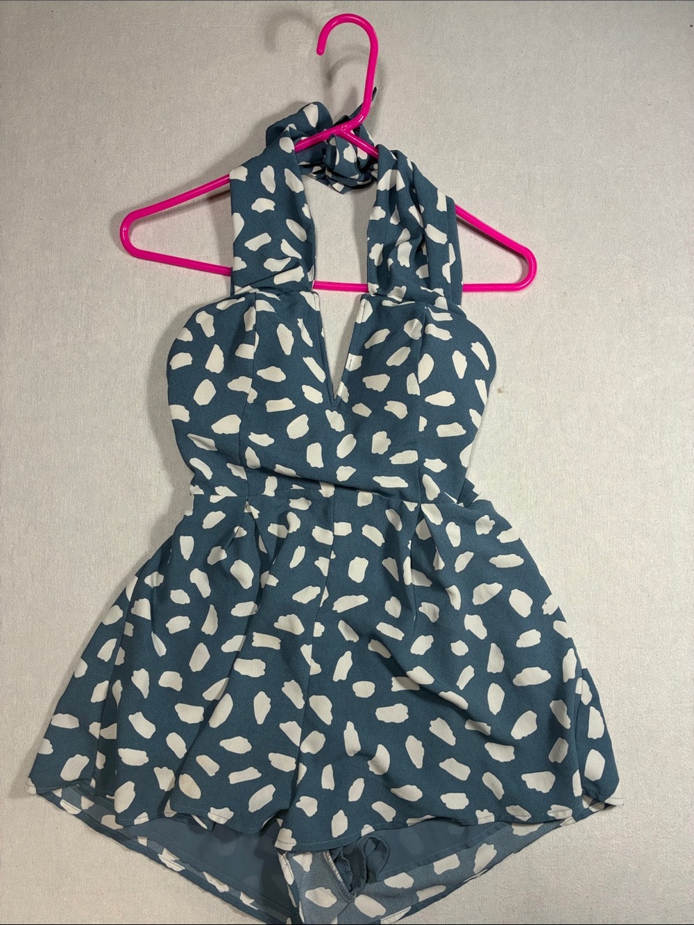 Girls Blue & White Printed Halter Romper